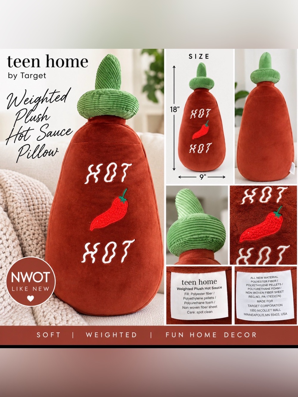 Teen Home Weighted Hot Sauce Plush Pillow – NWOT 🌶️